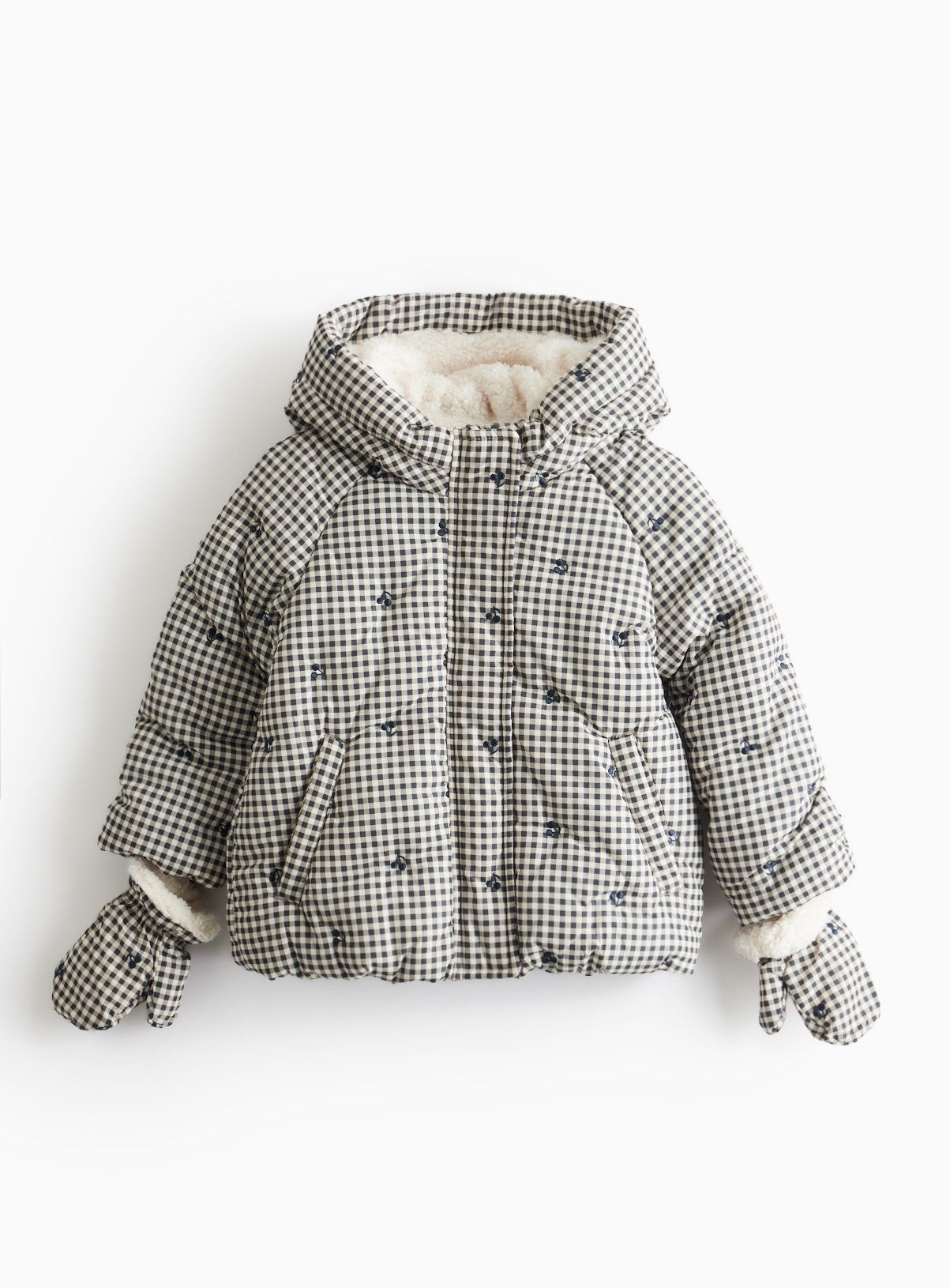 Mono Gingham Print Hooded Puffer Coat