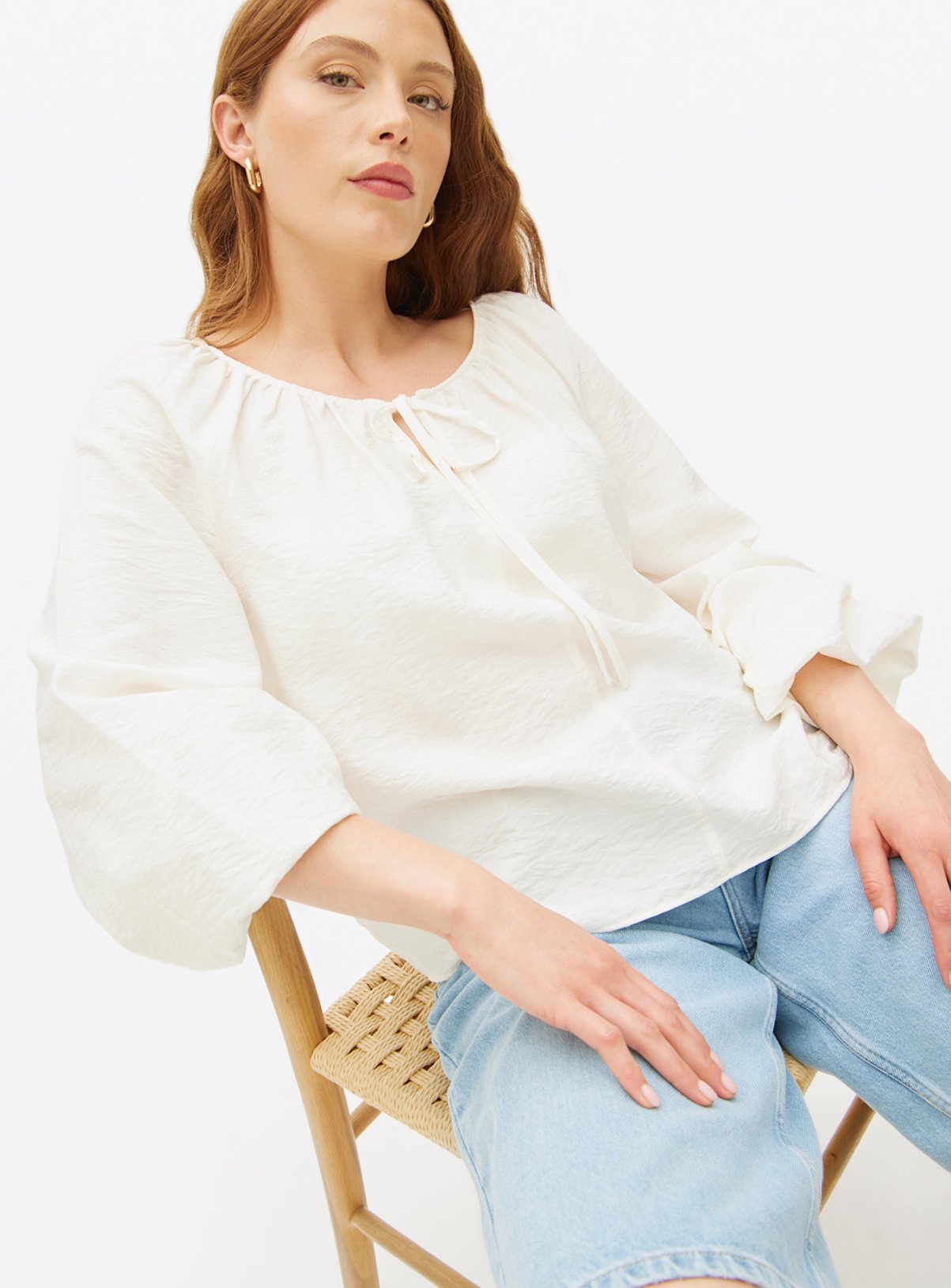 Cream Volume Sleeve Boho Blouse 