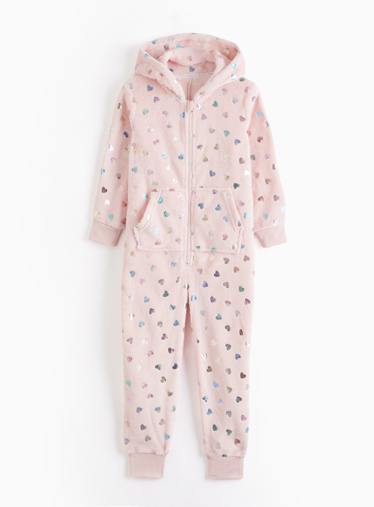 Pink Foil Hearts Print Fleece All-In-One  