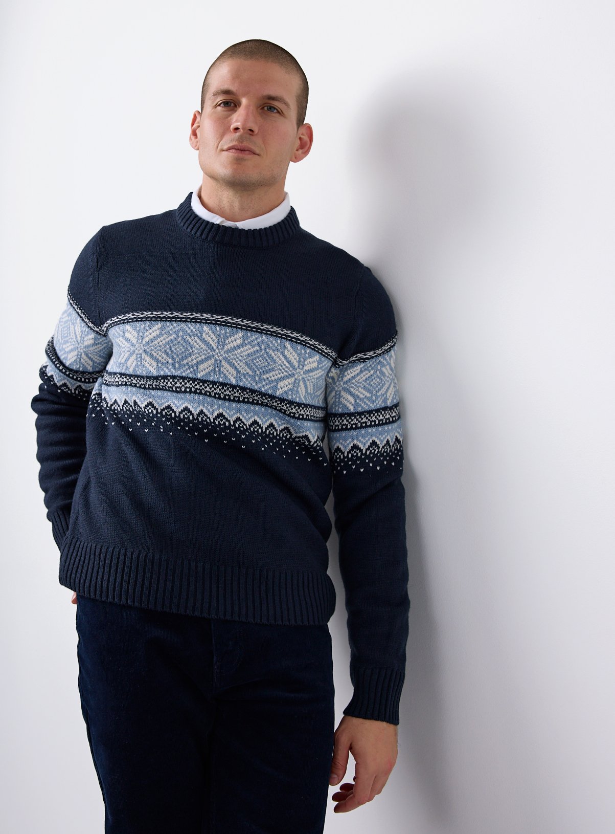 Navy Christmas Fairisle Striped Crew Jumper