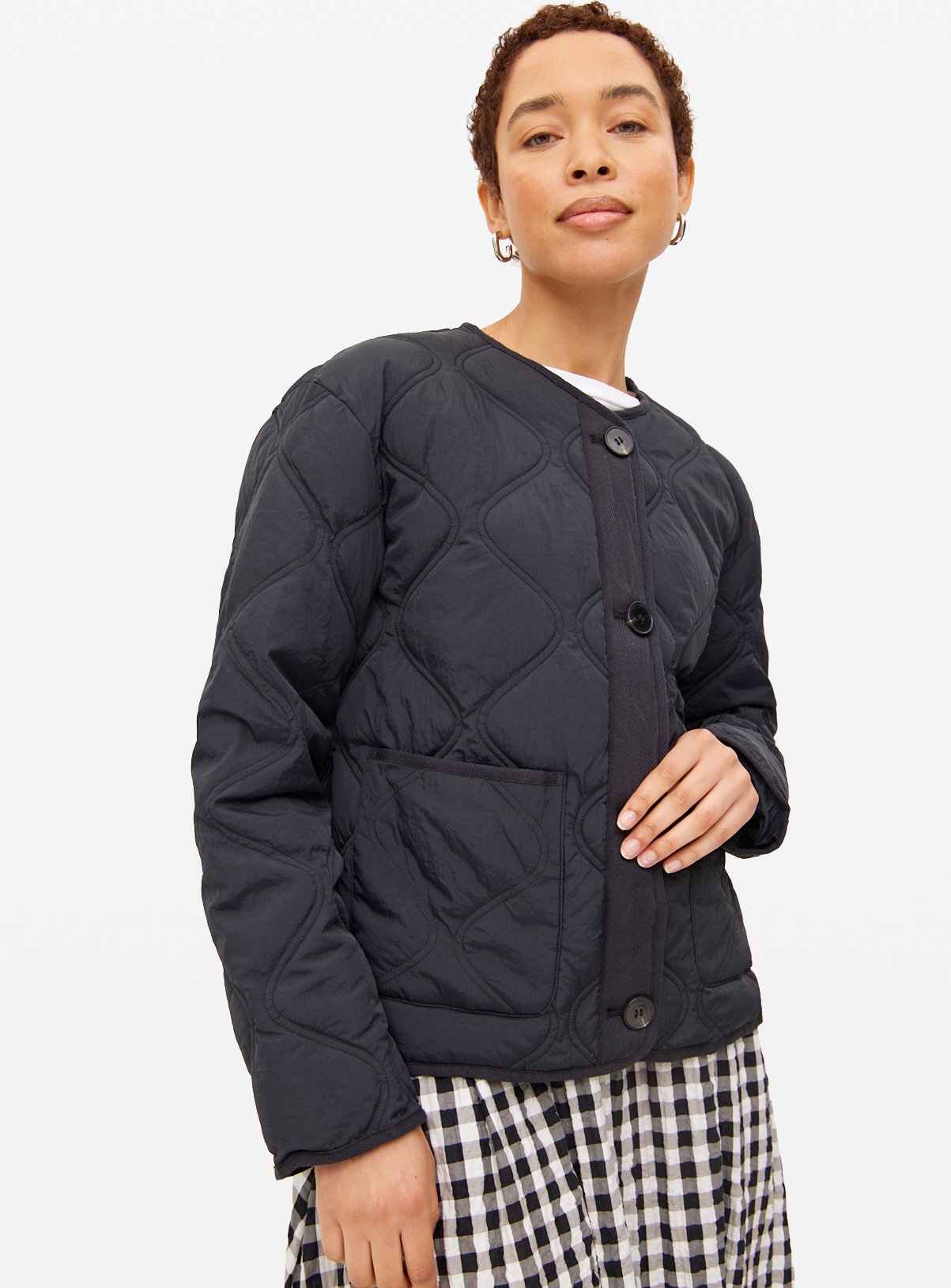 Black Collarless Quilted Jacket L