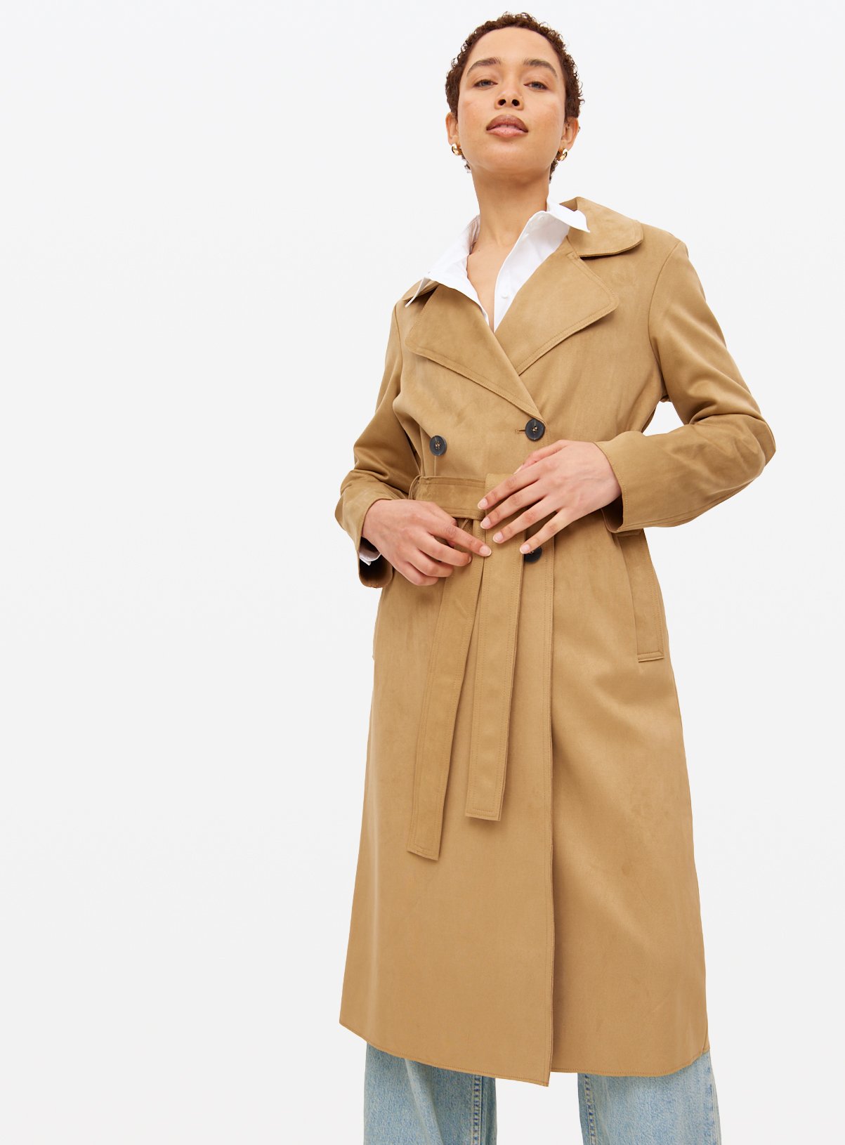 Tan Faux Suede Belted Trench Coat 