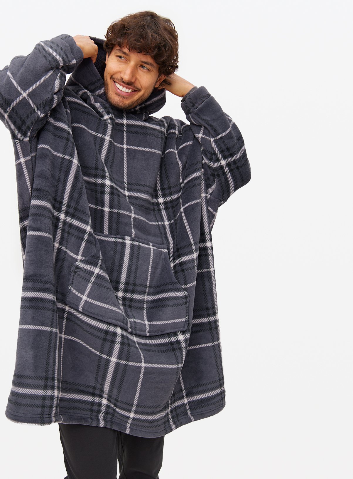 Grey Check Bonded Hooded Blanket