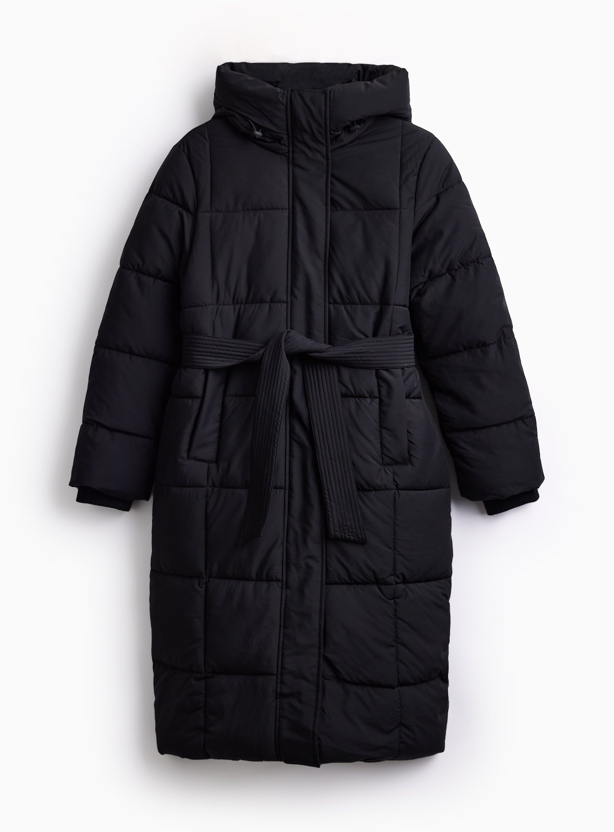 PETITE Black Longline Belted Padded Coat