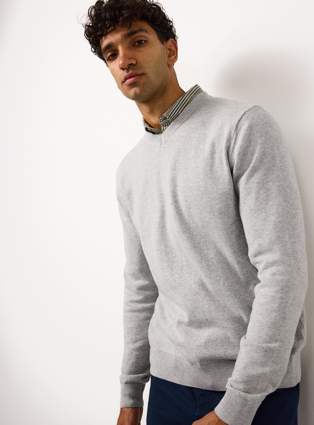 Grey V Neck Cotton Jumper L