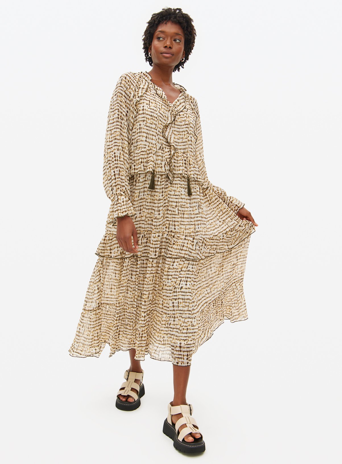 Khaki Printed Chiffon Midaxi  Dress 