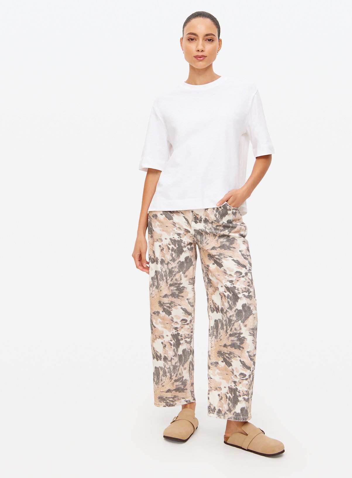Cow Print Relaxed Barrel Leg Denim Jeans 