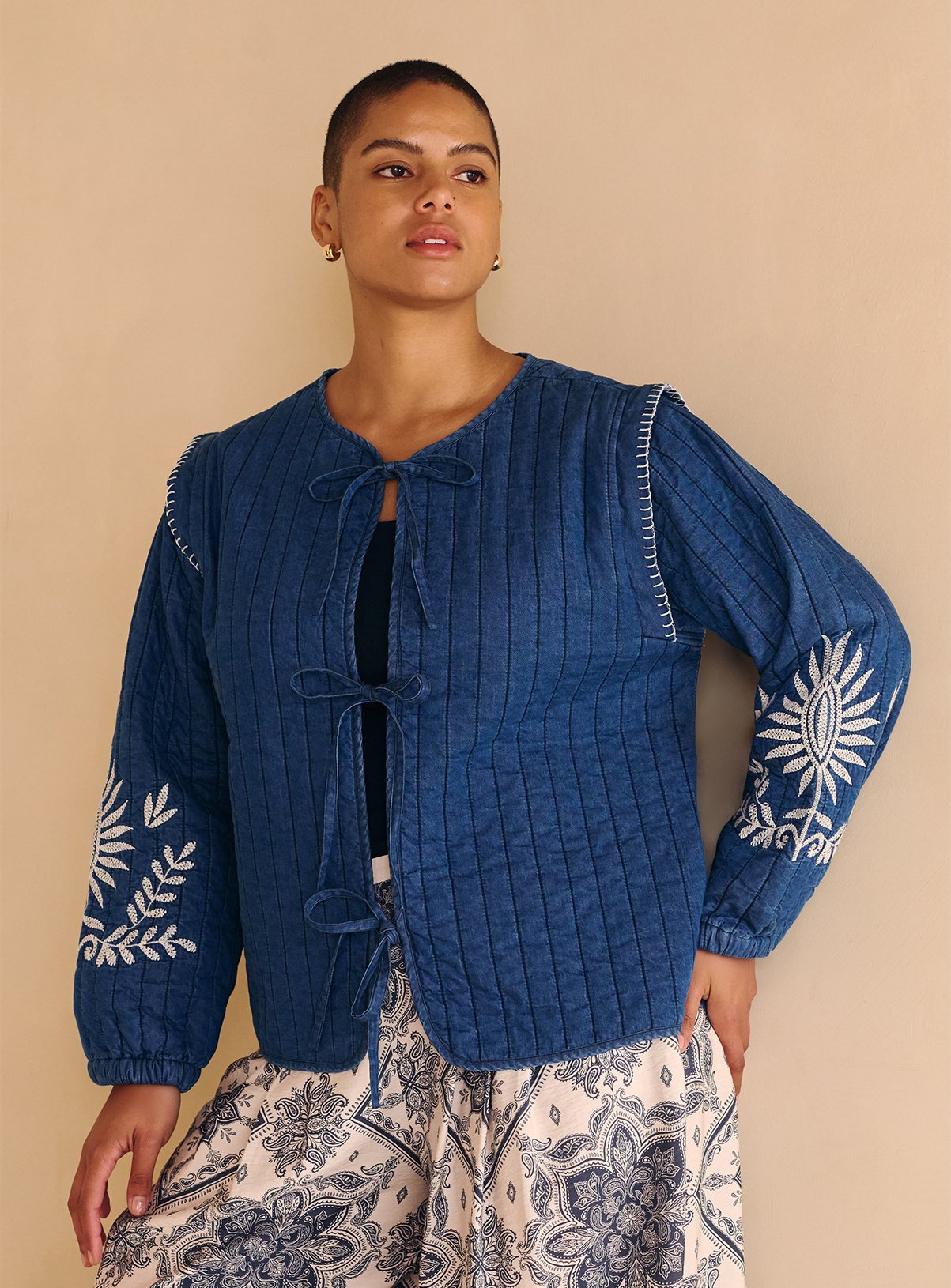 Quilted Embroidered Front Tie Denim Jacket S