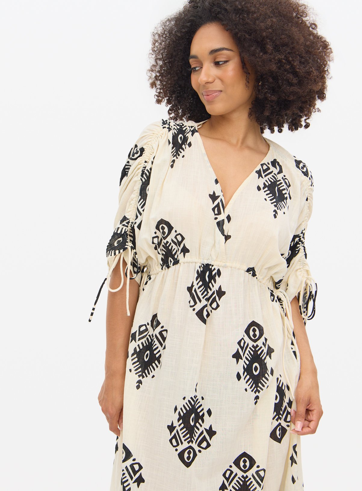 Cream Printed V-Neck Midi Kaftan  