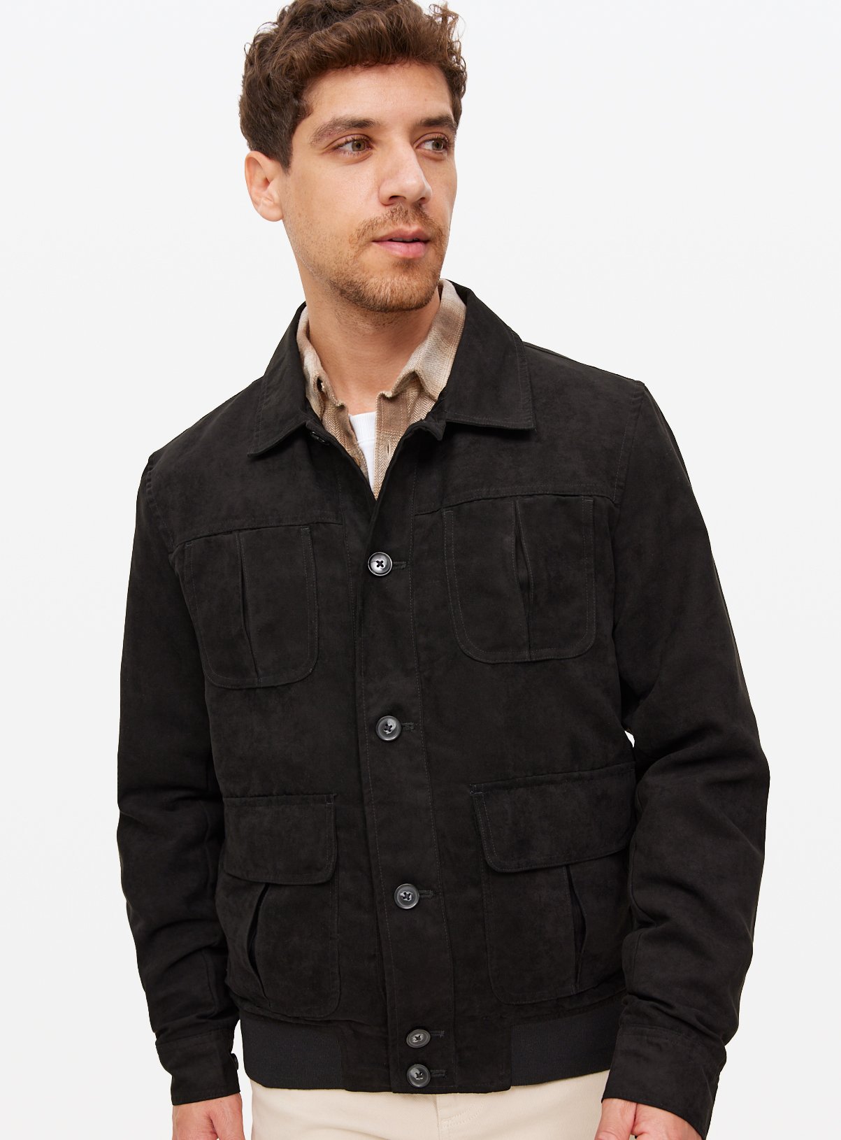 Black Faux Suede Collared Bomber Jacket L