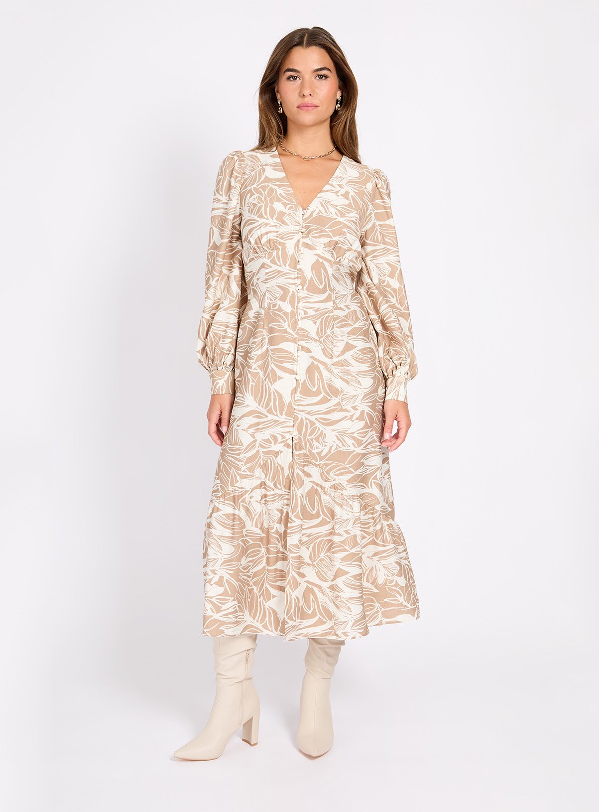 LITTLE MISTRESS Leaf Print Midaxi Dress 