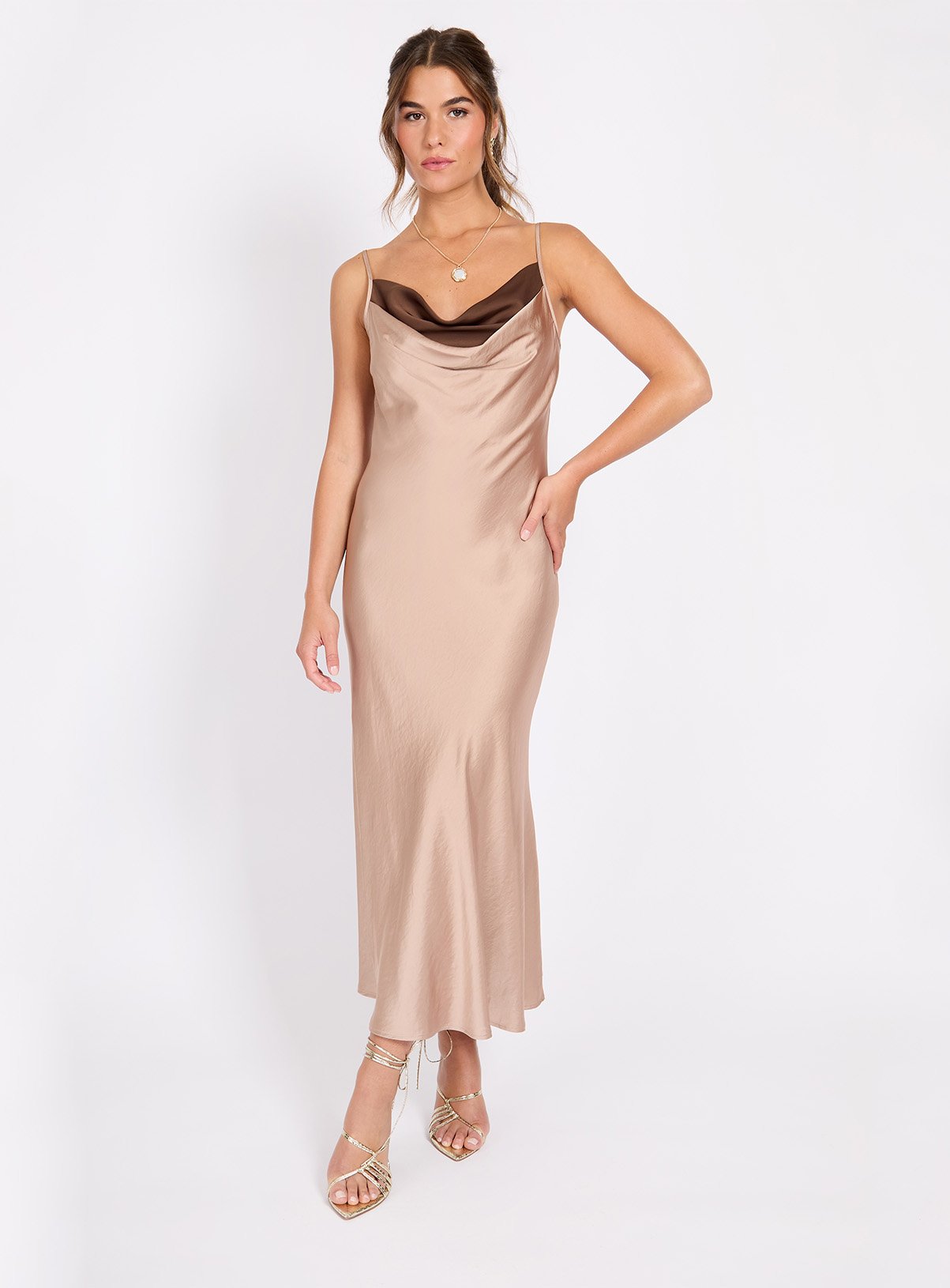 LITTLE MISTRESS Champagne Satin Maxi Dress 