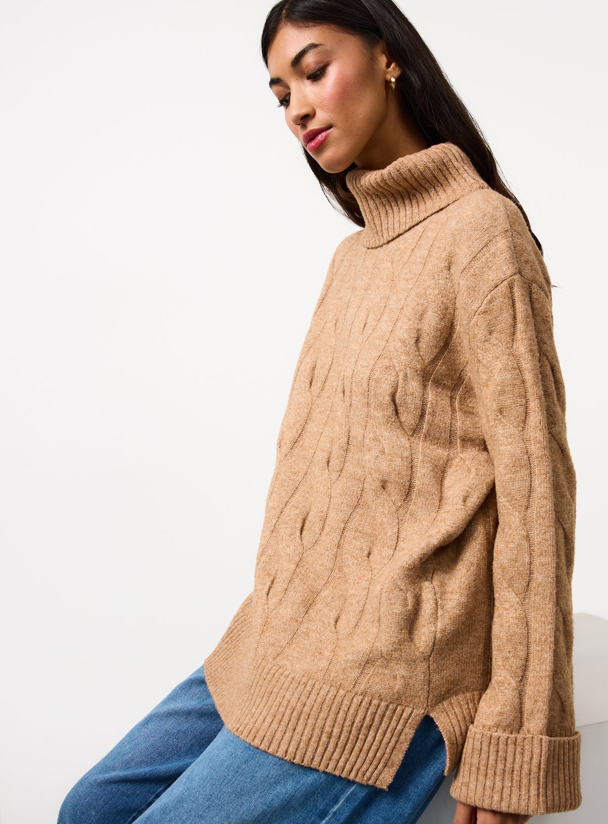 Camel Roll Neck Cable Knitted Jumper S