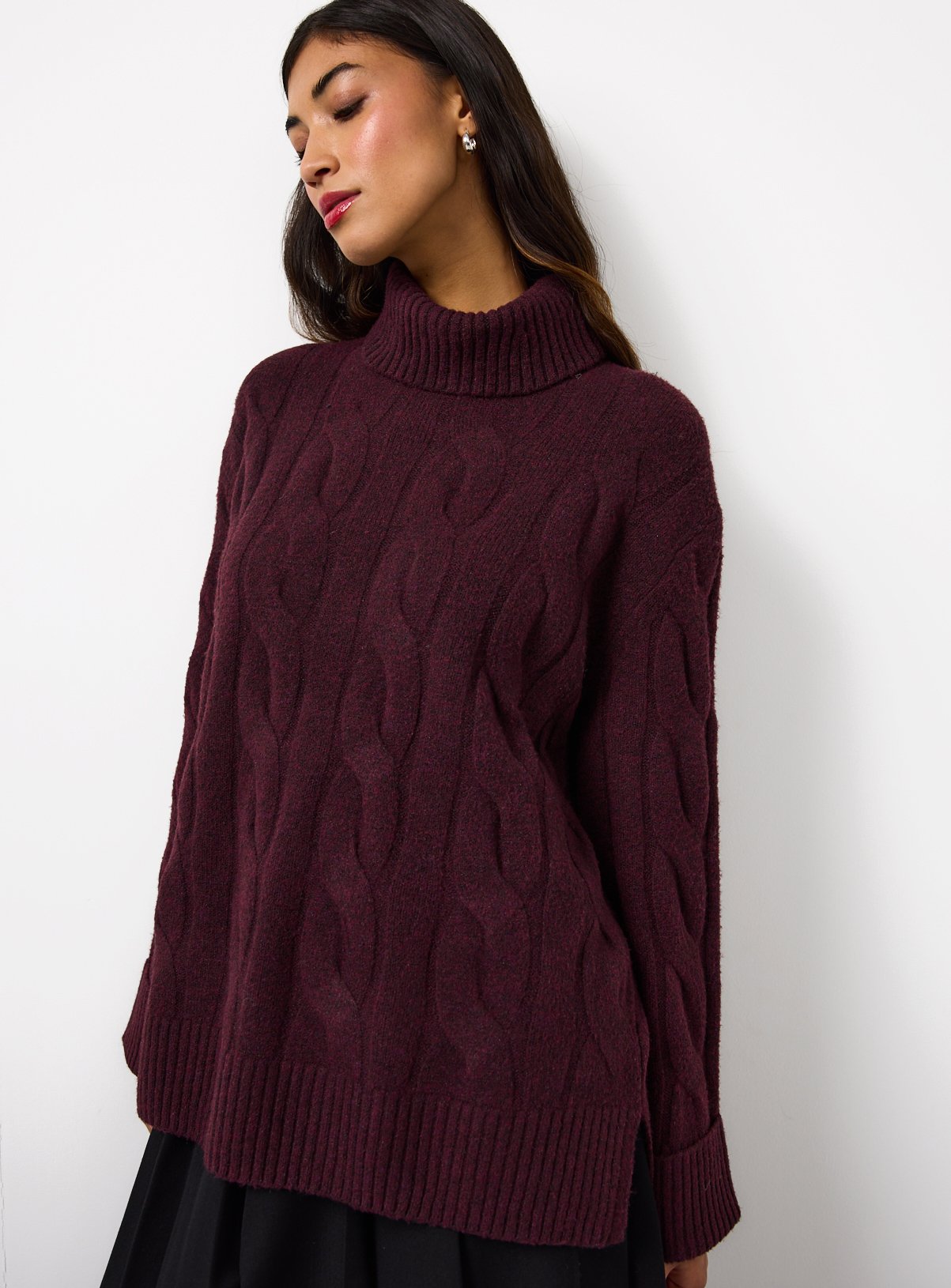 Burgundy Roll Neck Cable Knitted Jumper S