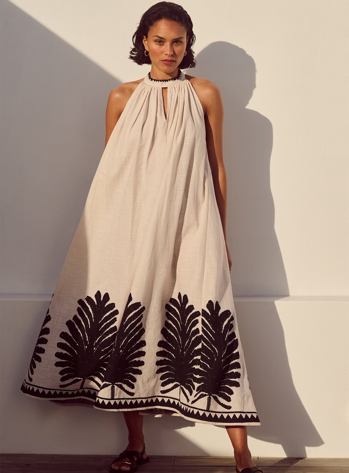 Neutral Leaf Printed Halter Neck Midi Dress 