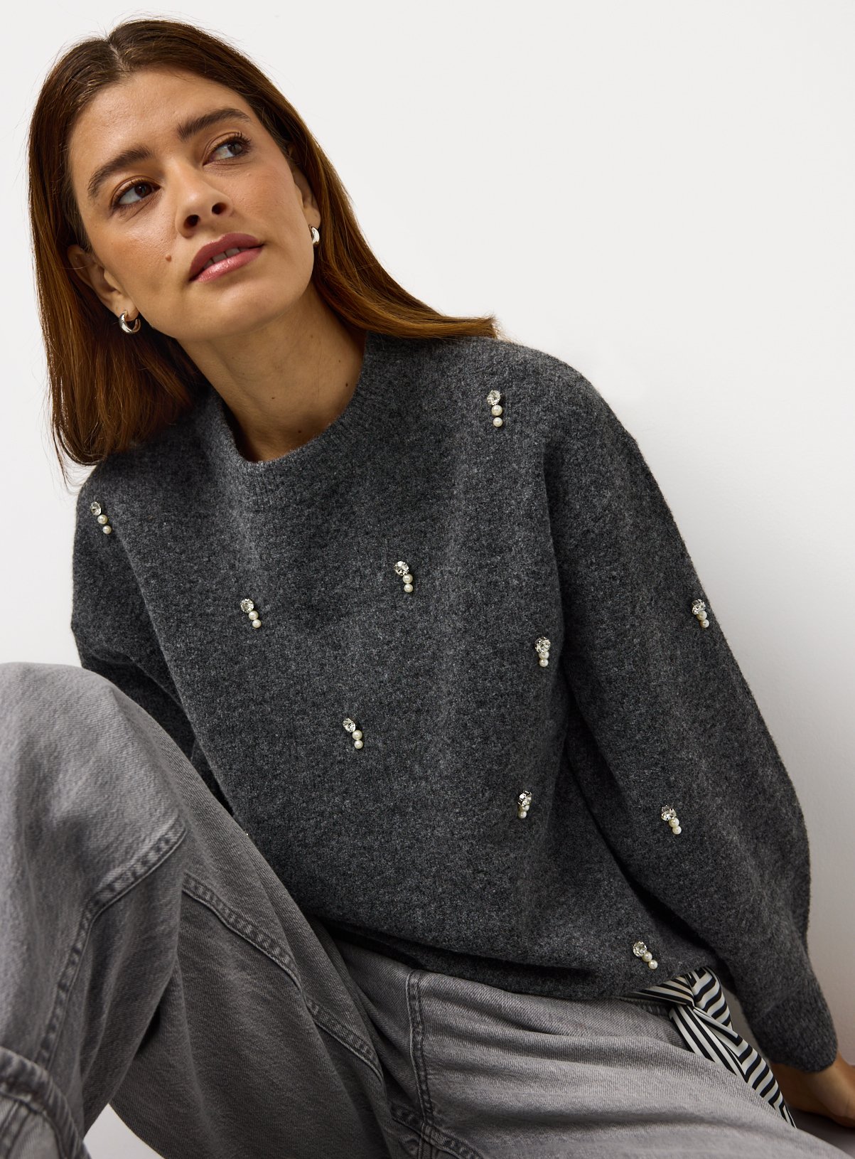 Pearl Diamante Embellished Crew Jumper 
