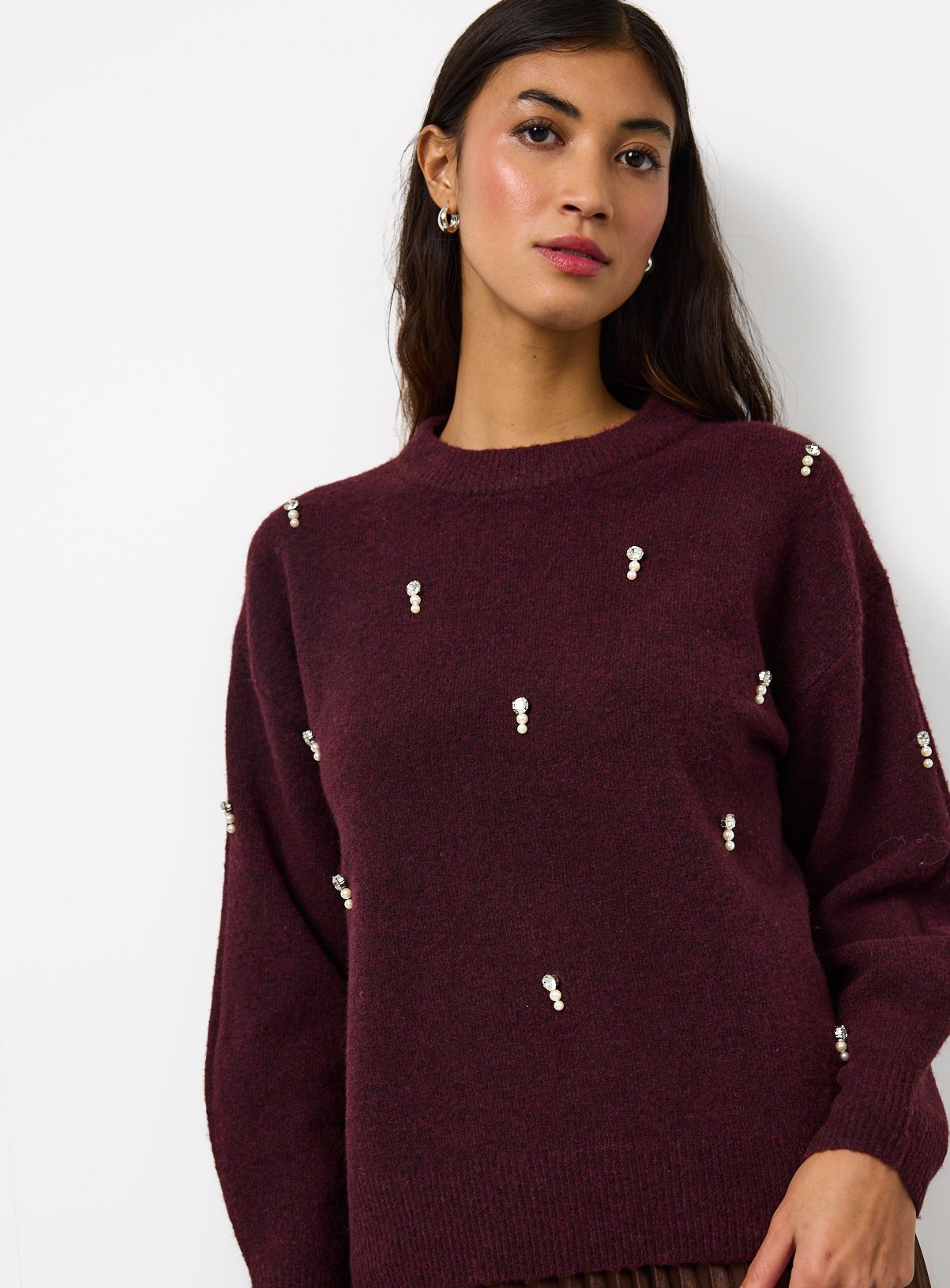 Burgundy Pearl Diamante Embellished Crew Jumper 16