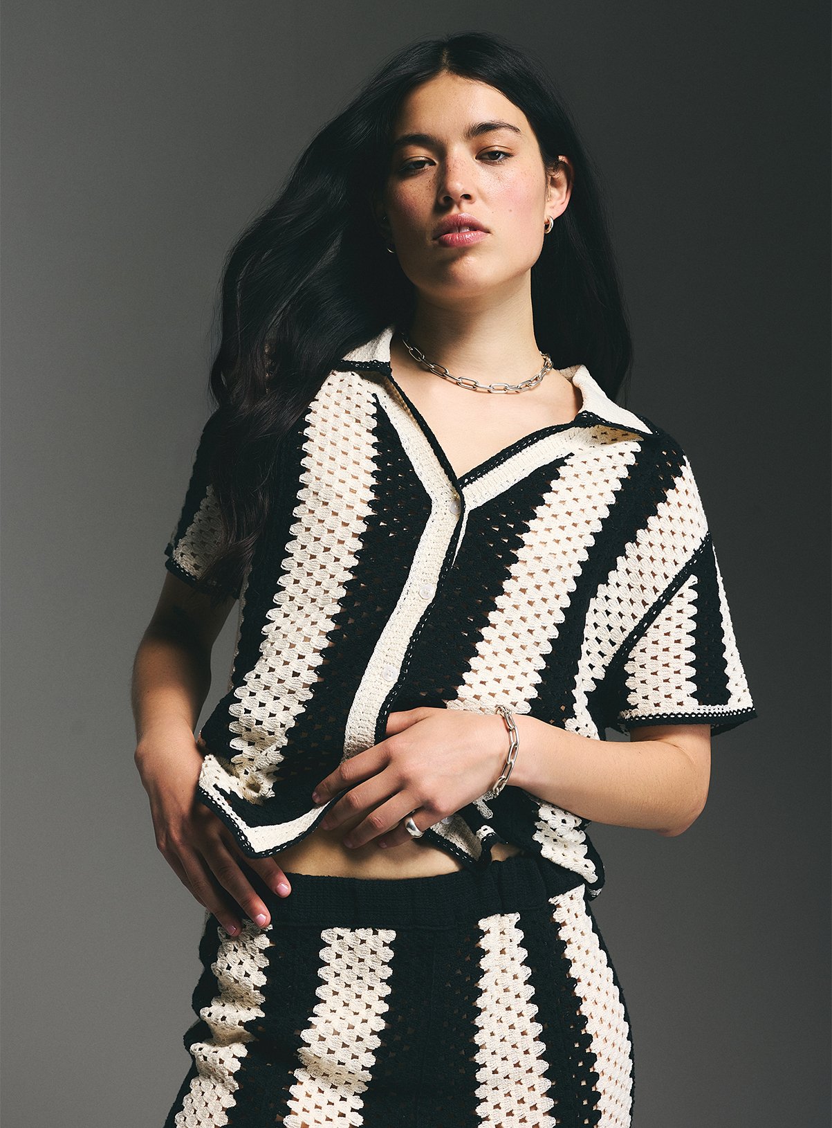 Mono Striped Co-ord Crochet Shirt XL