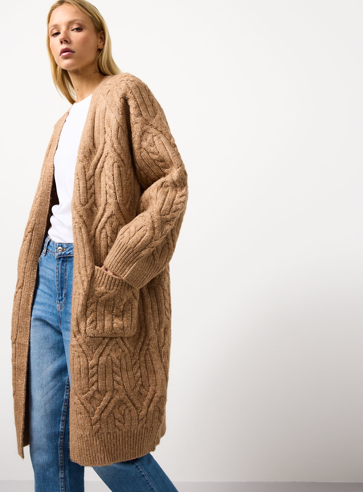 Buy Camel Longline Cable Knitted Cardigan L Cardigans Tu