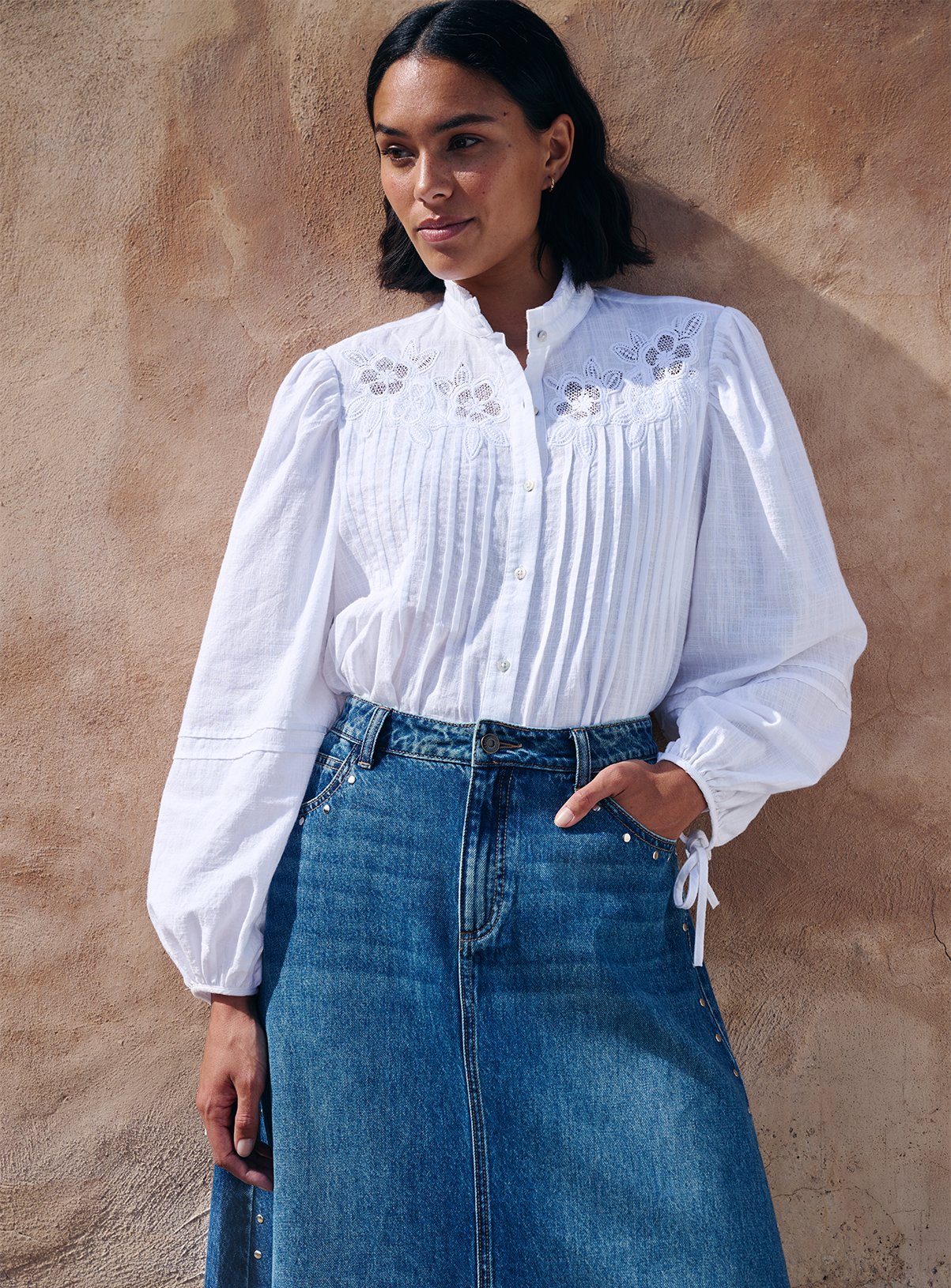 Embroidered Pintuck Cotton Blouse 