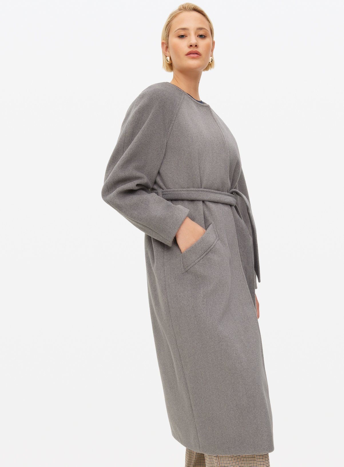 Grey Collarless Belted Coat 20