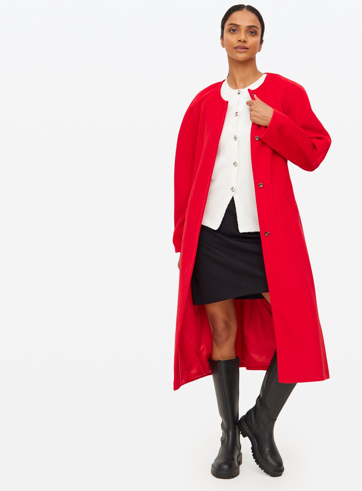 Red Collarless Belted Coat 22