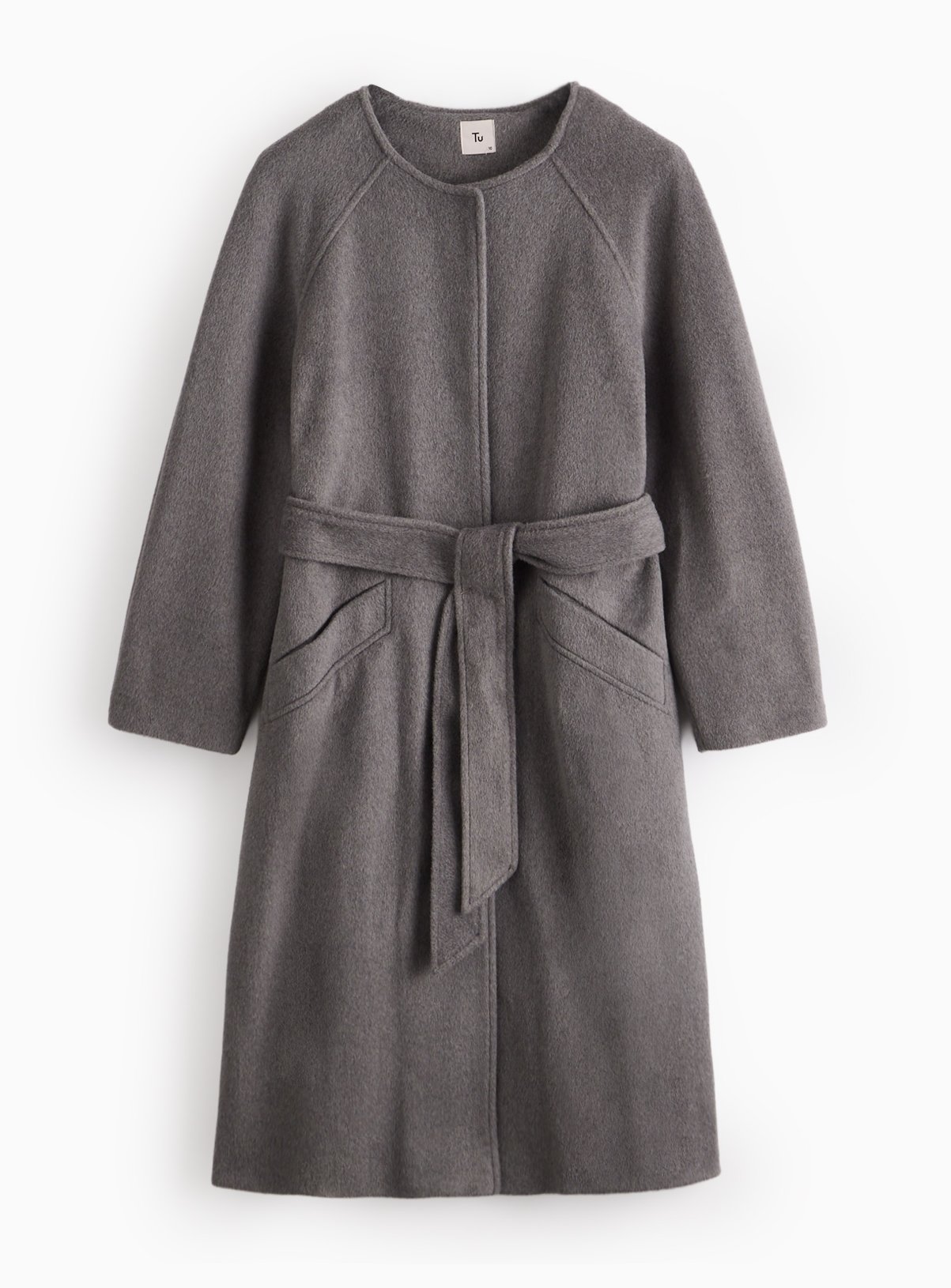 PETITE Grey Collarless Belted Coat