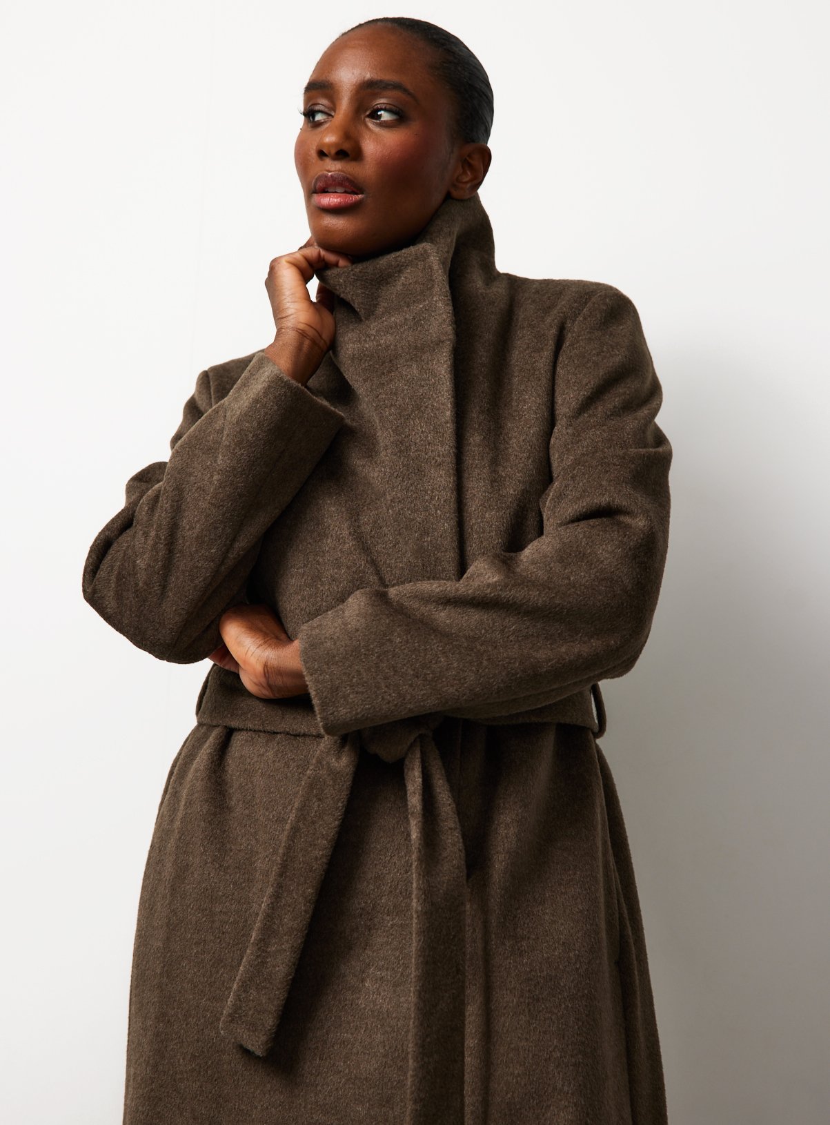 Khaki Funnel Neck Belted Coat 22