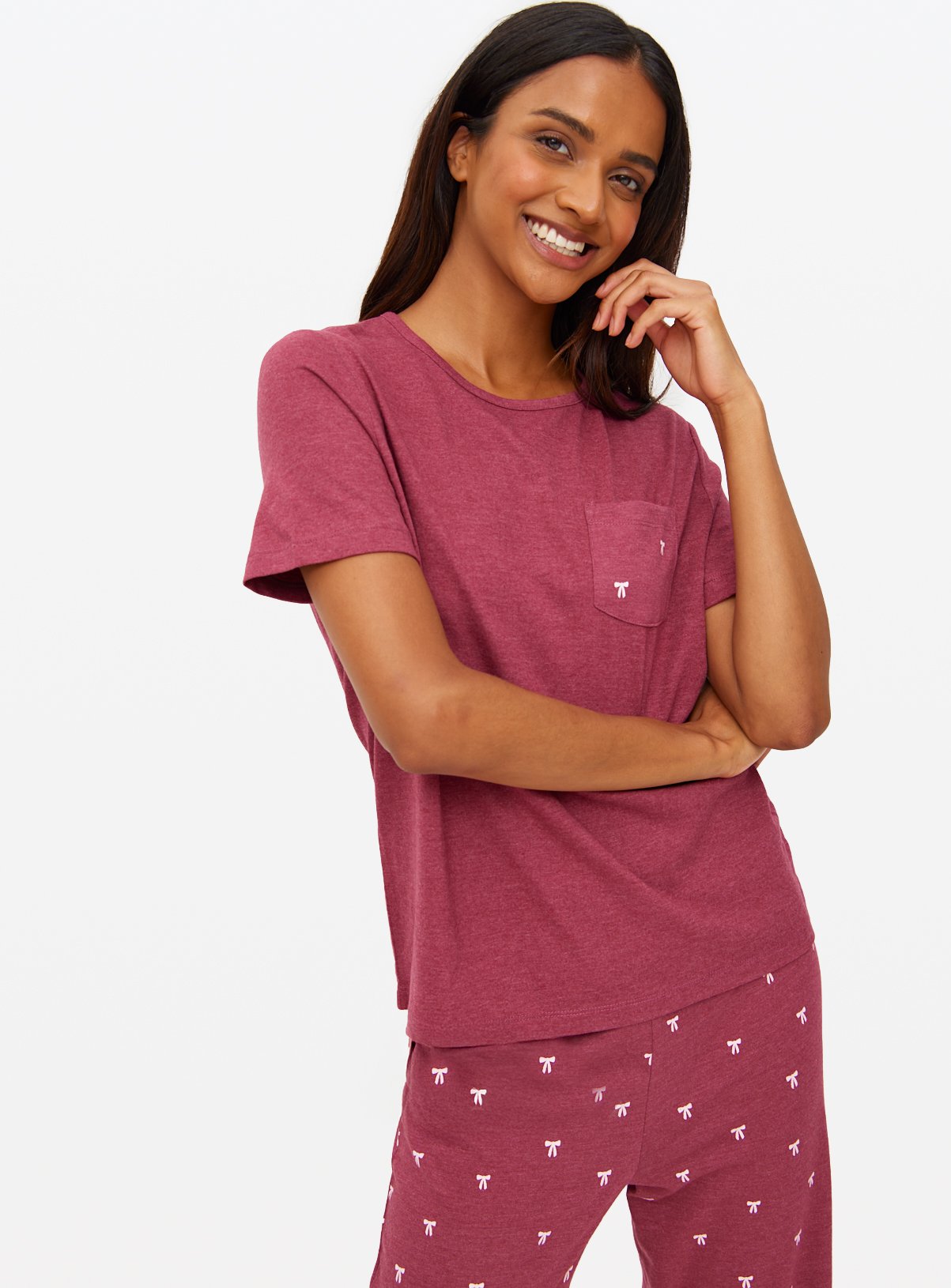 Burgundy Bow Printed Jersey Pyjamas