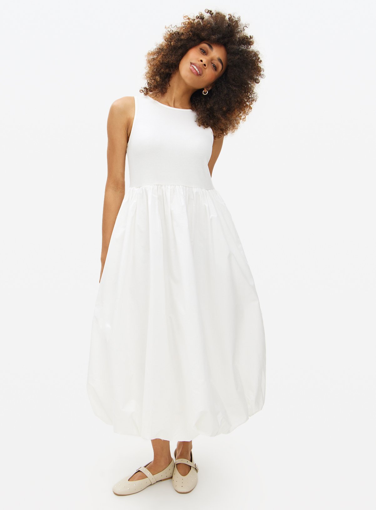 White Bubble Hem Combined Poplin Midaxi Dress 