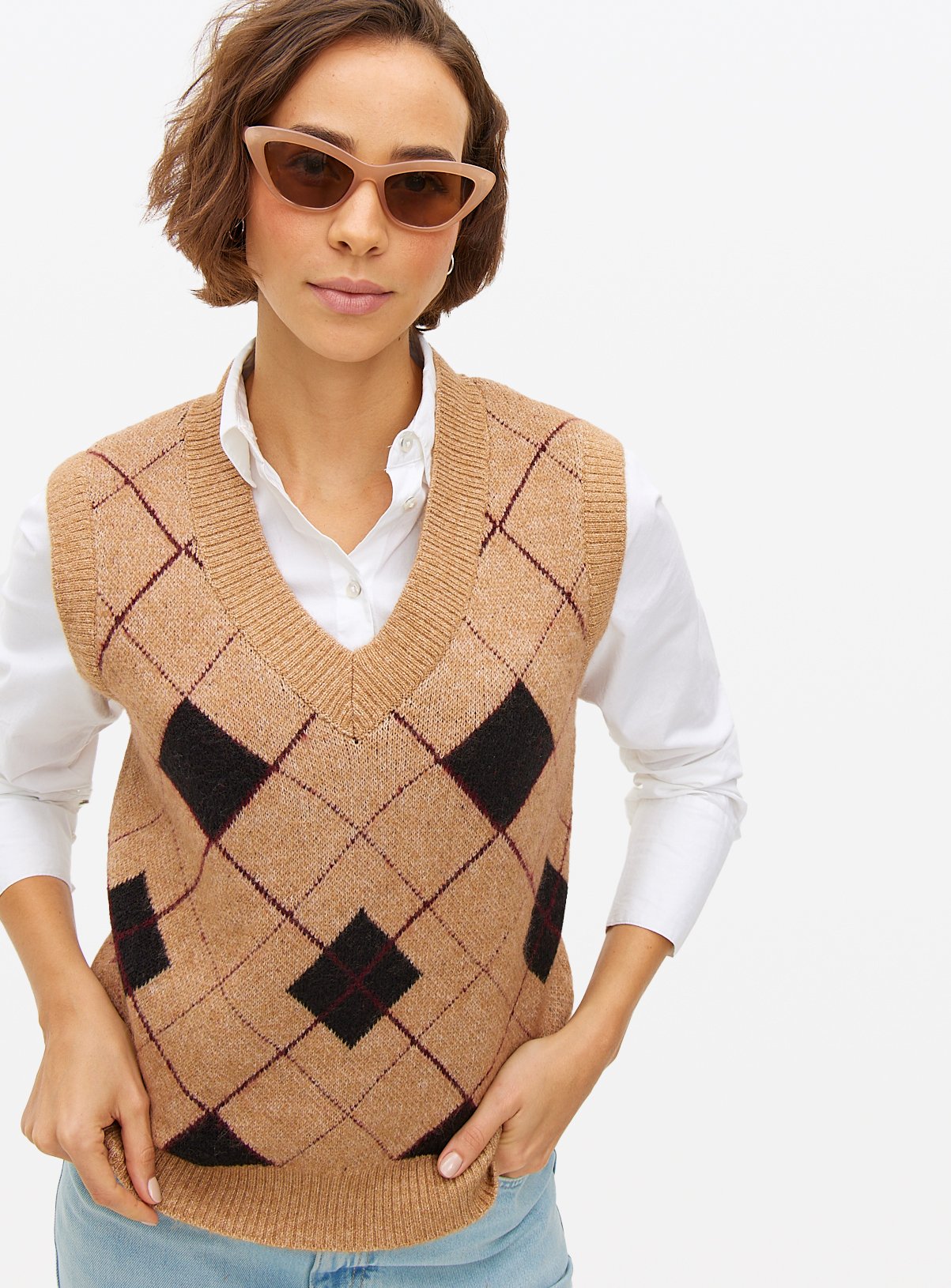 Tan Argyle Knitted Vest 
