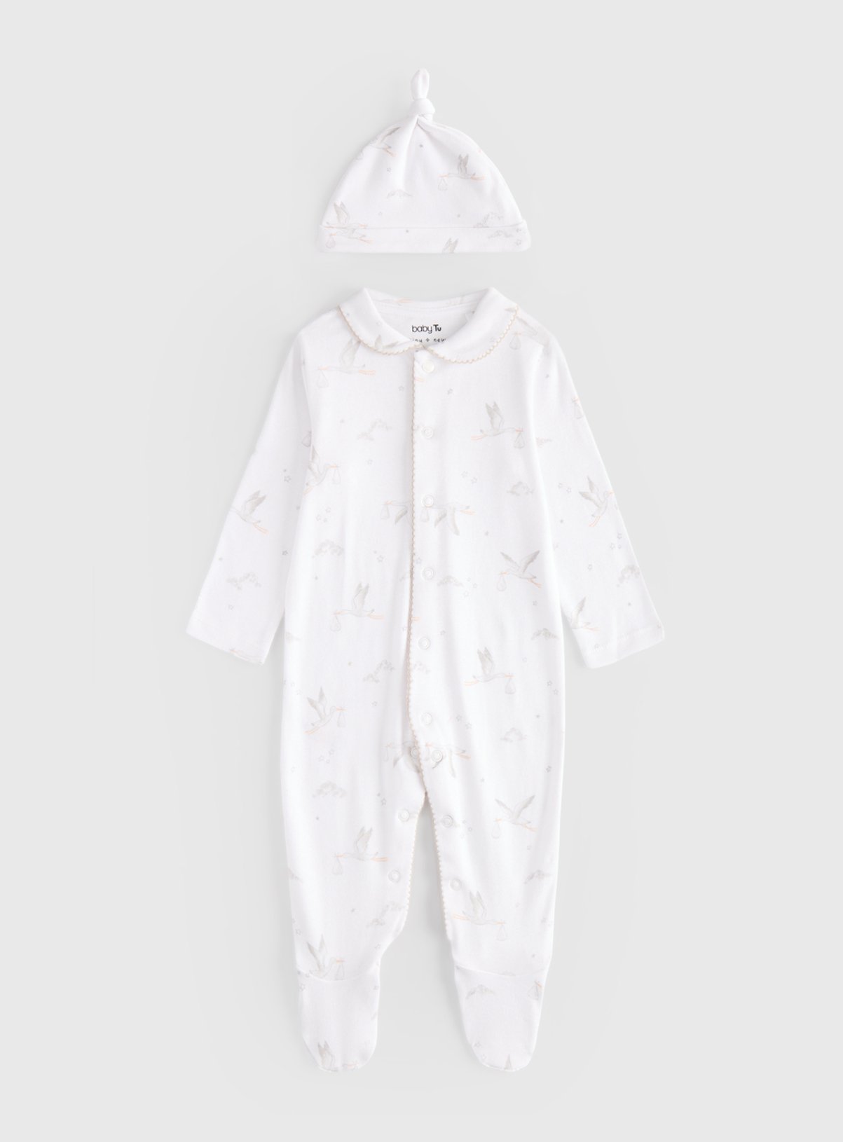 Unisex White Stork Print Sleepsuit & Hat
