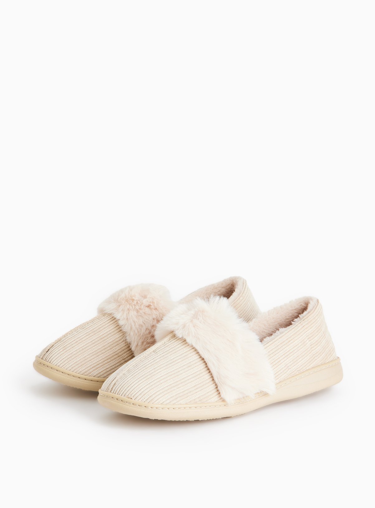 Stone Corduroy Faux Fur Trim Slippers 