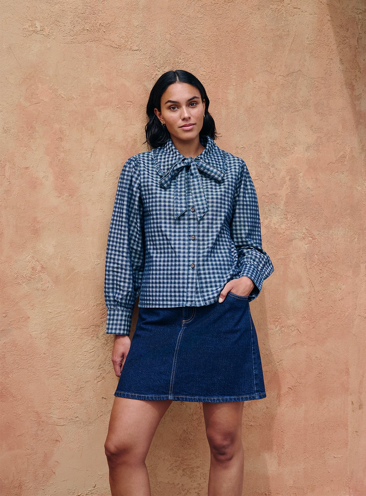Denim Gingham Bow Tie Blouse