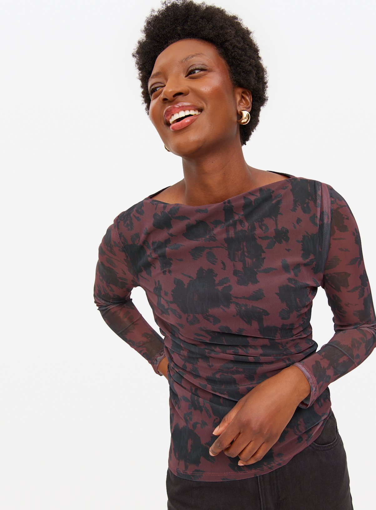 Burgundy Printed Mesh Draped Top  8