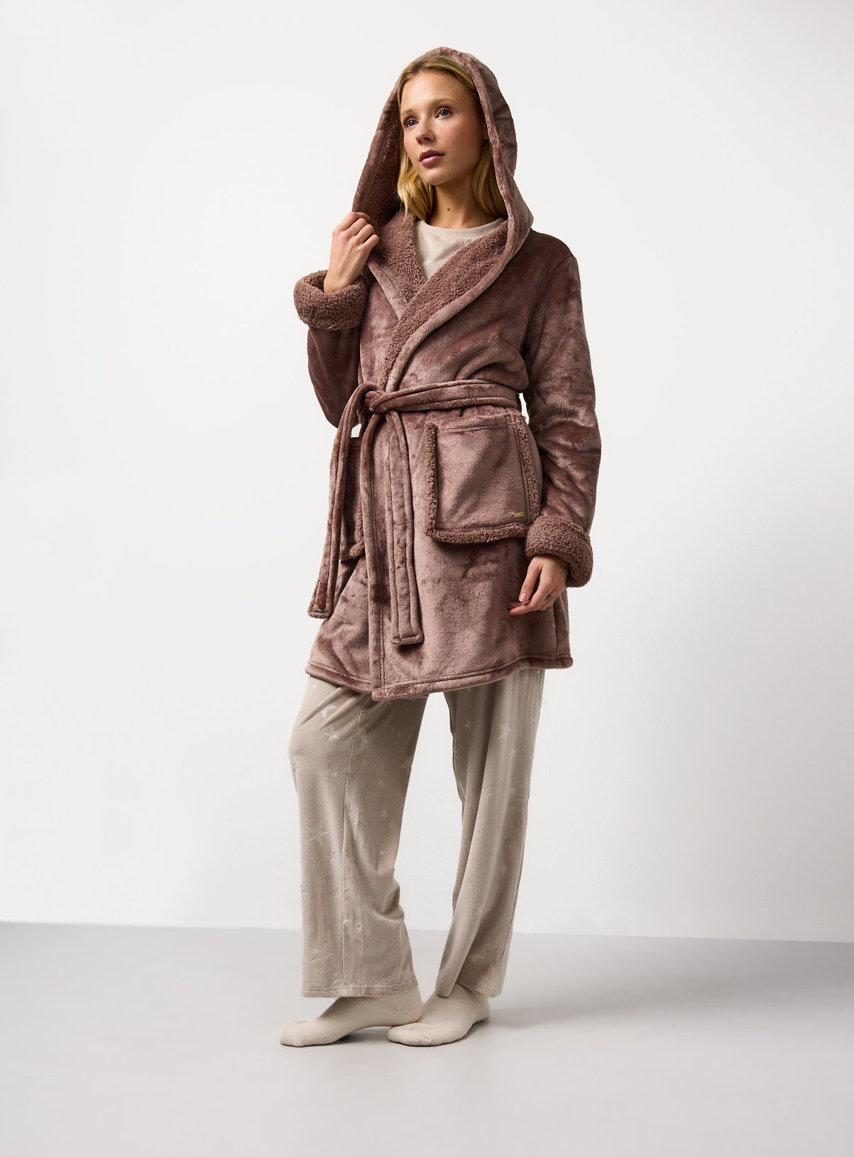 Chestnut Bonded Borg Hooded Dressing Gown L