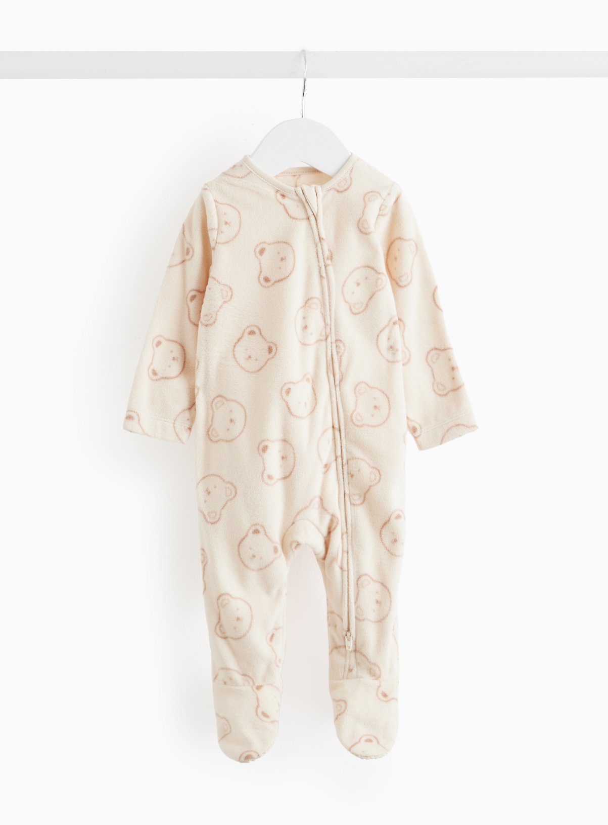 Beige Bear Face Print Fleece Sleepsuit