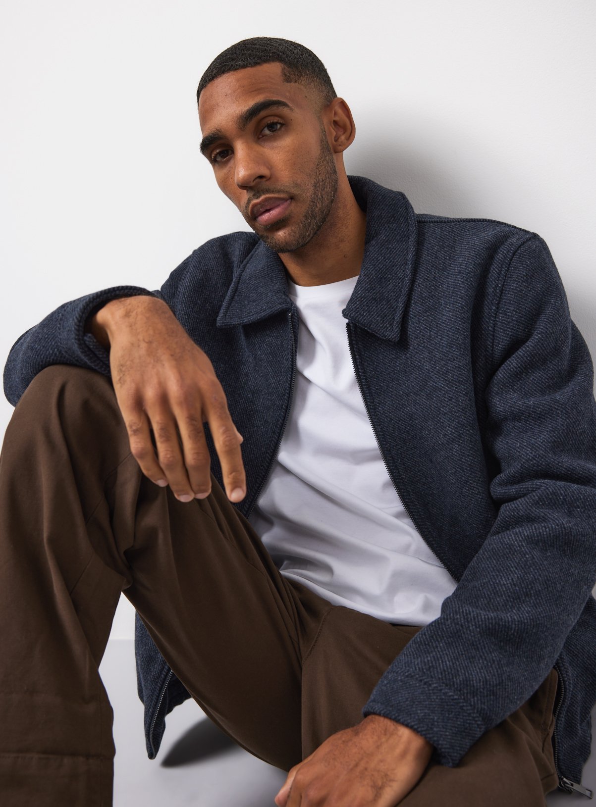 Navy Collared Textured Bomber Jacket