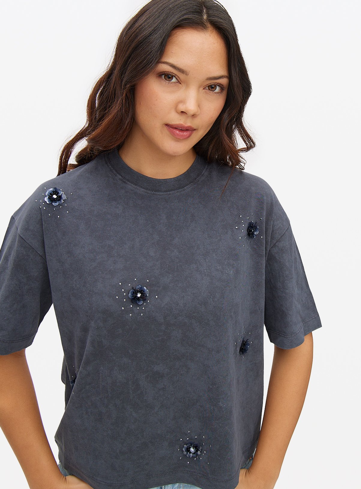 Charcoal Grey Floral Embellished T-Shirt