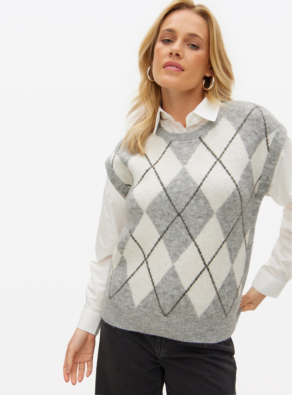 Grey Argyle 2 in 1 Sleeveless Jumper 