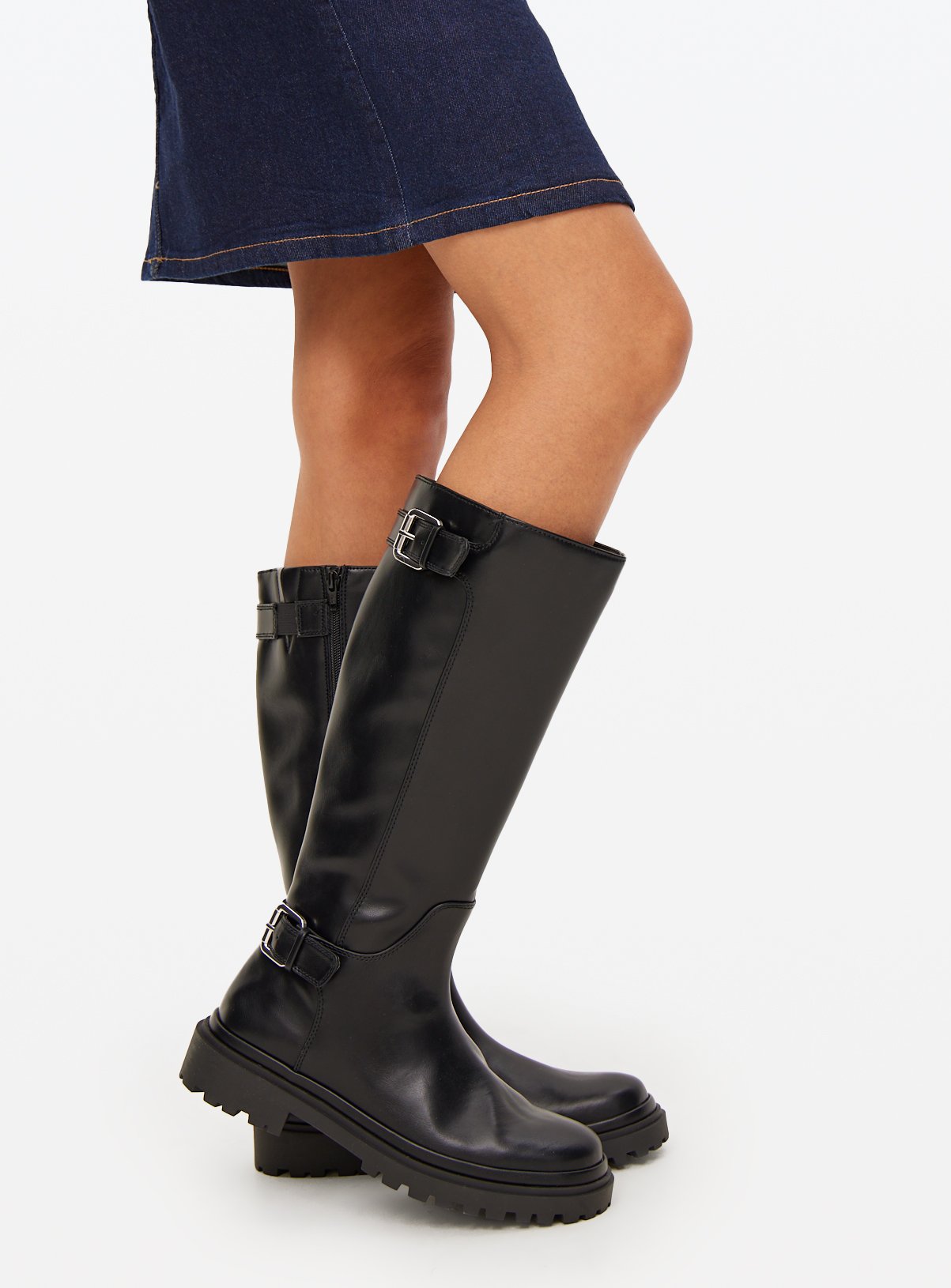 Black Long Cleated Buckle Detail Boots 