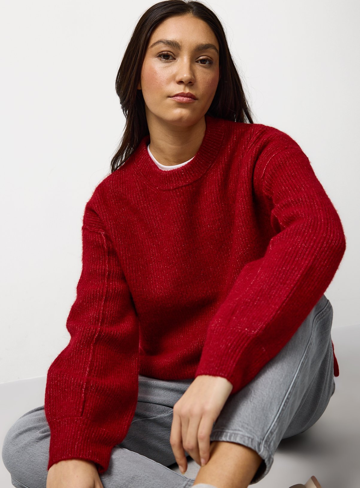 Dark Red Ribbed Fisherman Crew Neck Jumper M