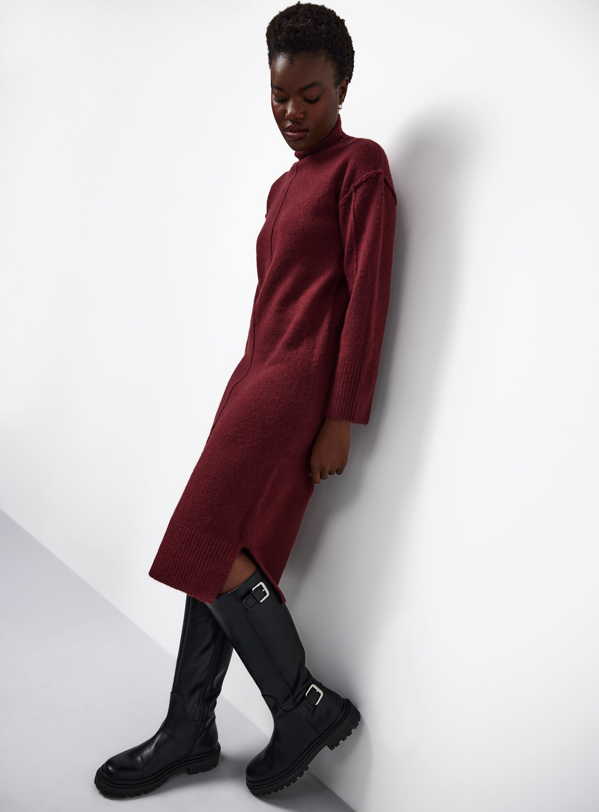 Dark Red High Neck Seam Detail Midi Knitted Dress XL
