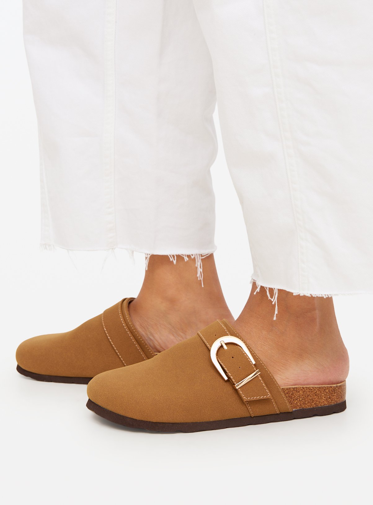 Tan Faux Suede Buckle Mules