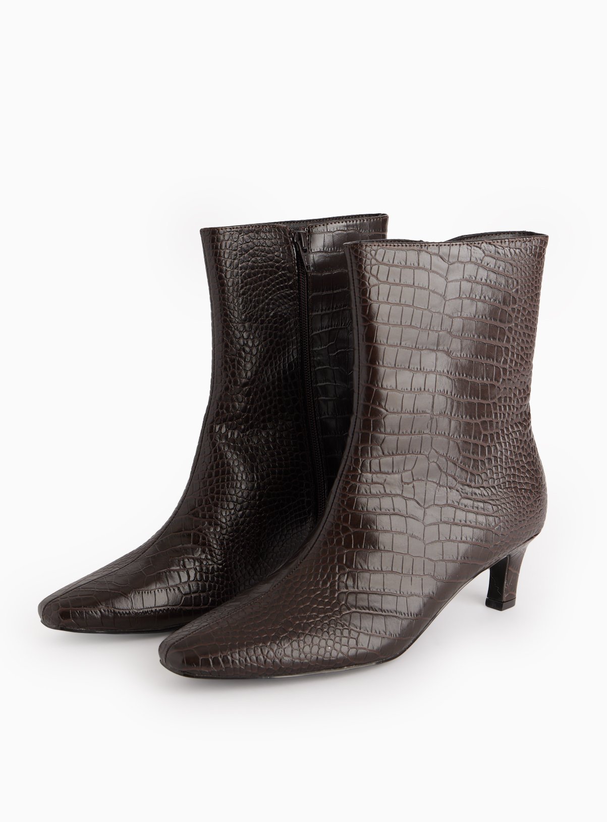 Brown Croc Faux Leather Heeled Boots 
