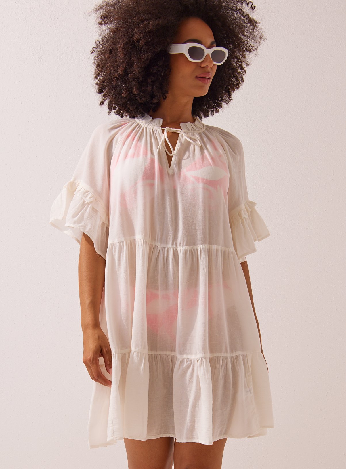 White Tie-Neck Beach Smock Dress 20