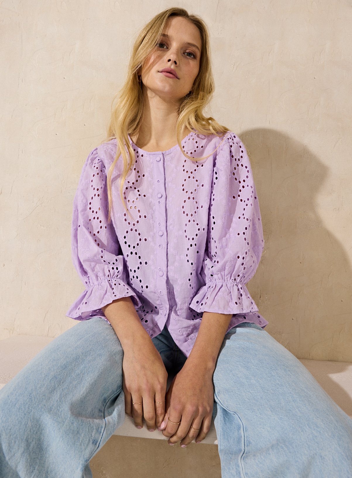 EVERBELLE Button Through Broderie Blouse 