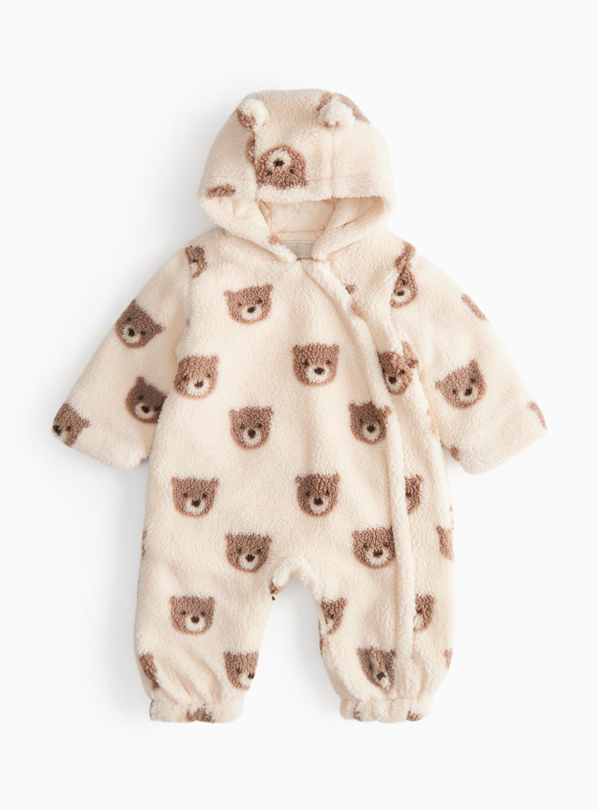 Cream Bear Print Borg Fleece Pramsuit  6-9 months