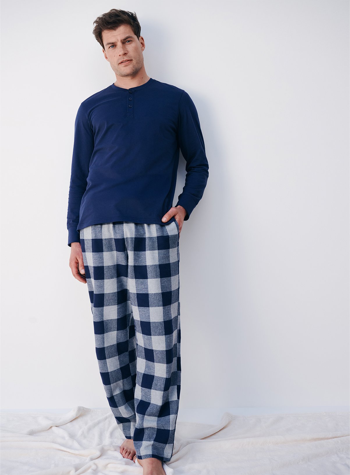 Navy Jersey Checked Pyjama Set