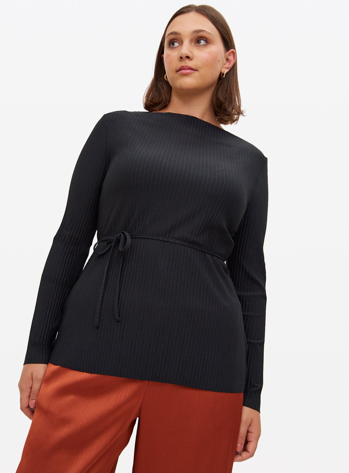 Tie-Belt Ribbed Top 